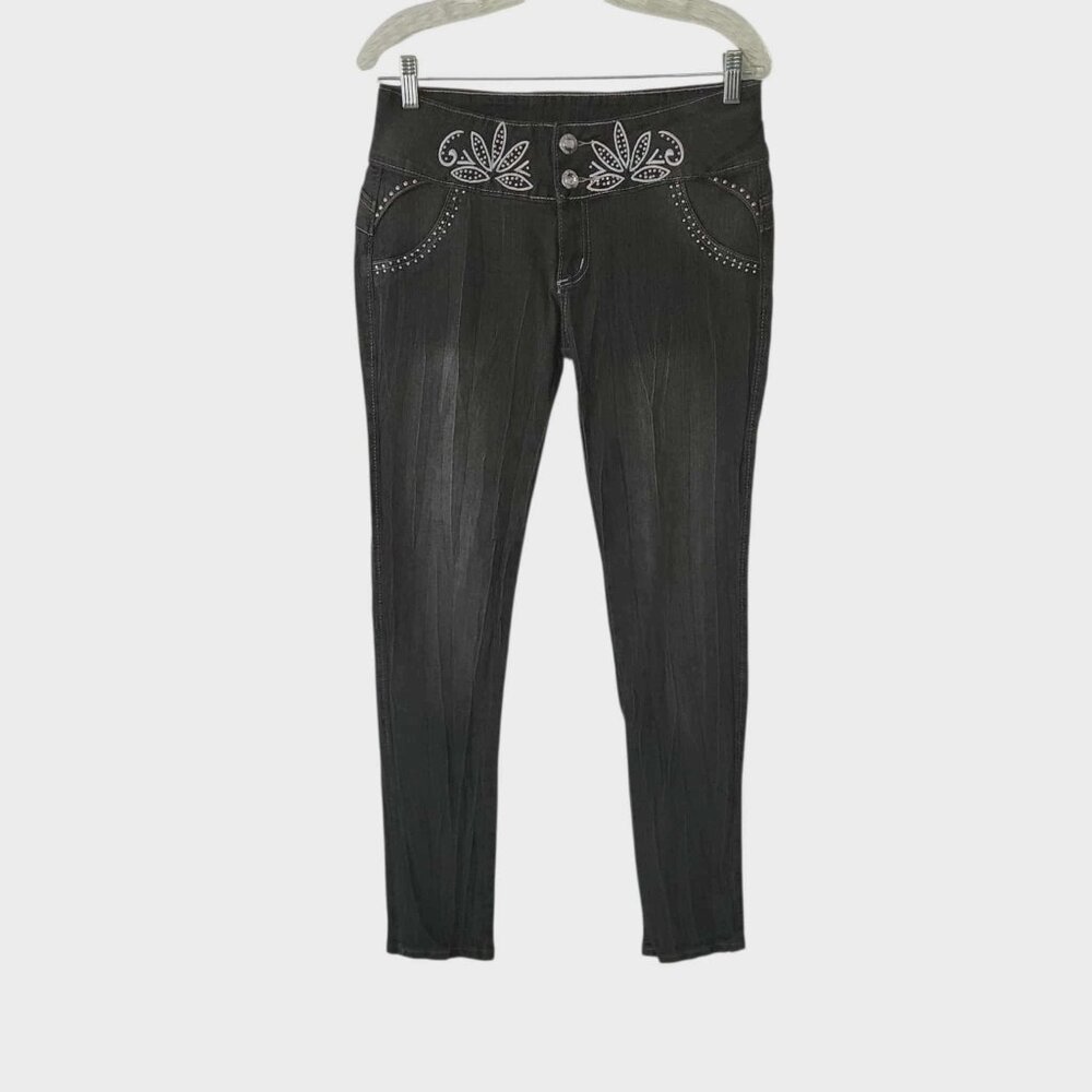 Silver Diva Jeans Rhinestone Embellished  Low Rise Black Wash Y2K‎ Stretch Sz 15